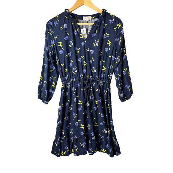 NWT Loft Floral Dress Womens XS Ruffle Flutter Knee Length Navy Romantic Pretty - Picture 1 of 13